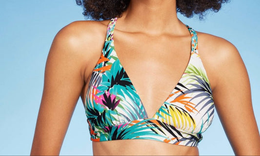 Women'sBraided Strap Triangle Longline Bikini Top - Shade & Shore™ Multi Tropical Print XS: Crisscross Back, Removable Padding