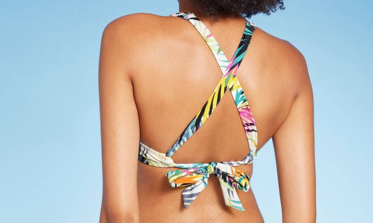 Women'sBraided Strap Triangle Longline Bikini Top - Shade & Shore™ Multi Tropical Print XS: Crisscross Back, Removable Padding